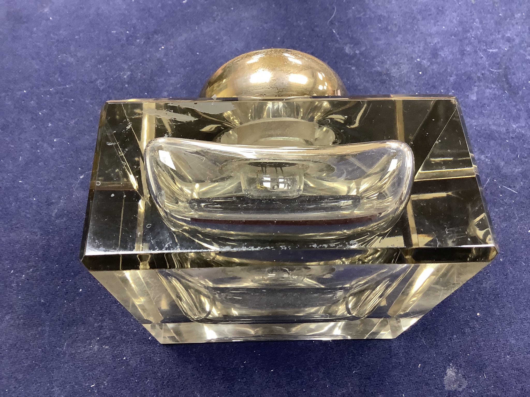A George V large silver topped glass inkwell, makers mark C and co-, London 1912, 12.5 cm wide